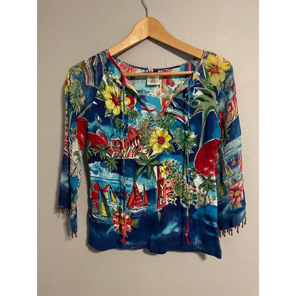 Vintage Forbidden Womens Top Medium Abstract Chiffon Sleeve Beaded Artsy Y2K
